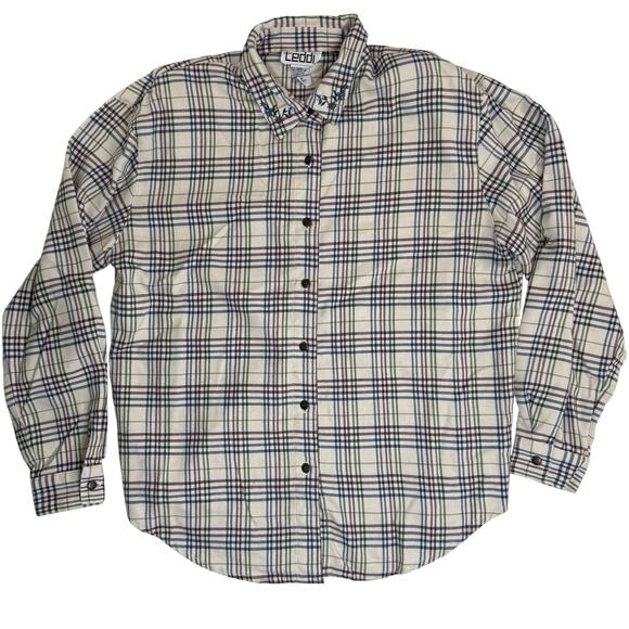 Y2K Teddi Plaid Flannel Button Shirt Women’s M Roll Tab Embroidered Collar - Picture 2 of 8